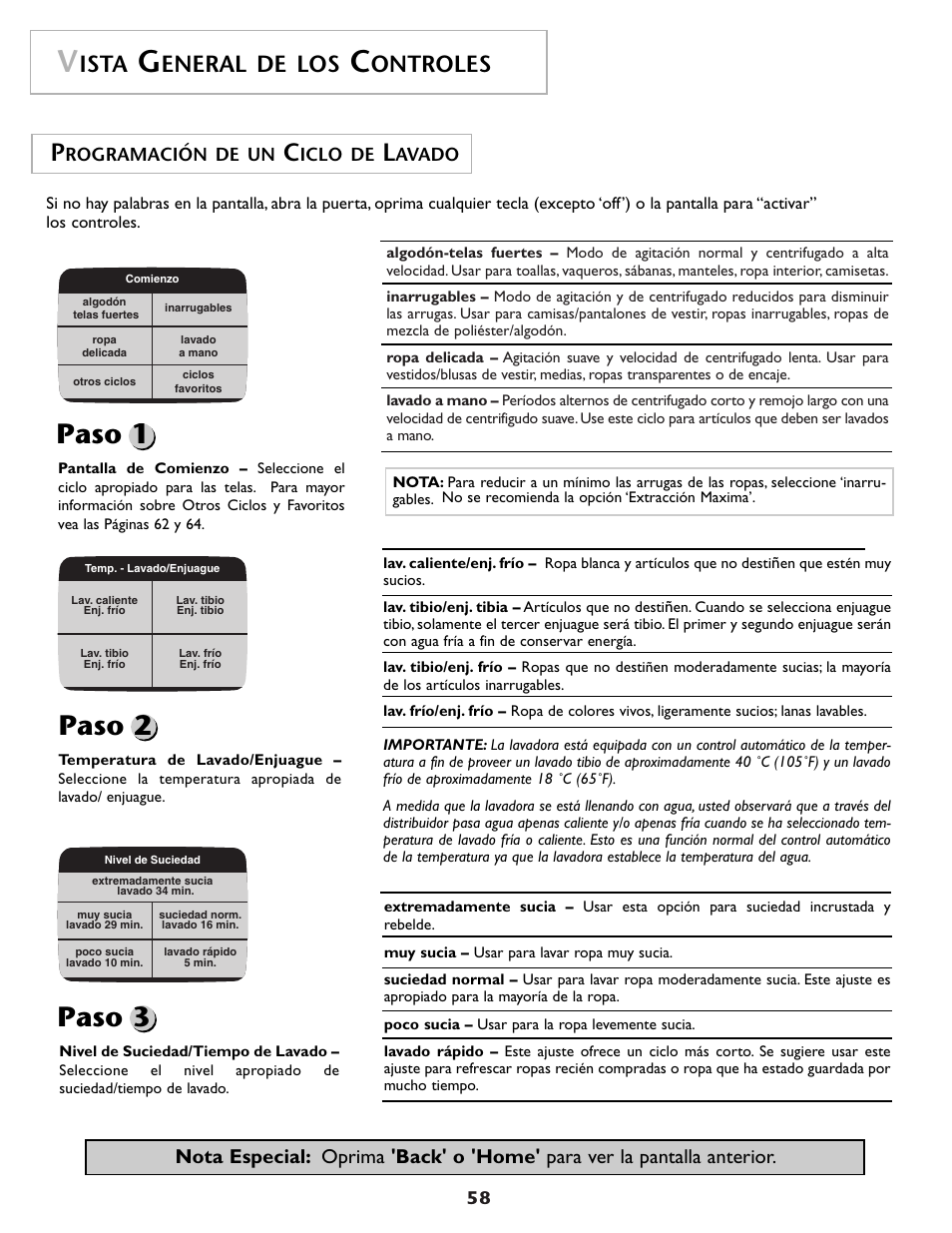 Paso 1 paso 2 paso 3, Ista, Eneral de los | Ontroles | Maytag MAH7500AWQ User Manual | Page 59 / 80