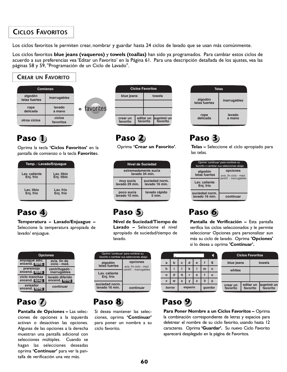 Paso 1 paso 3 paso 5 paso 6, Paso 7, Paso 9 | Paso 8, Paso 2, Paso 4, Iclos, Avoritos, Rear un, Avorito | Maytag MAH7500AWQ User Manual | Page 61 / 80