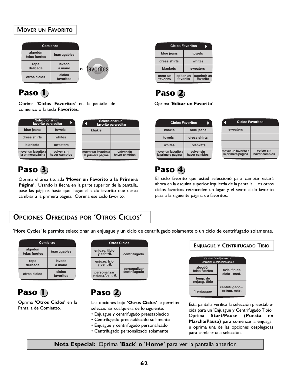 Paso 1 paso 2 paso 3 paso 4, Paso 1, Paso 2 | Pciones, Frecidas por, Tros, Iclos | Maytag MAH7500AWQ User Manual | Page 63 / 80