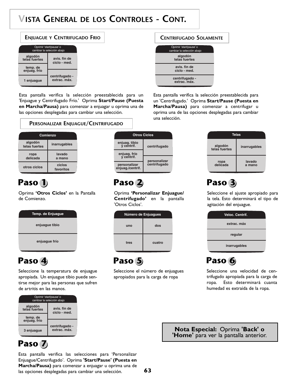 Paso 3, Paso 4, Paso 5 | Paso 6, Paso 7, Paso 1, Paso 2, Ista, Eneral de los, Ontroles | Maytag MAH7500AWQ User Manual | Page 64 / 80