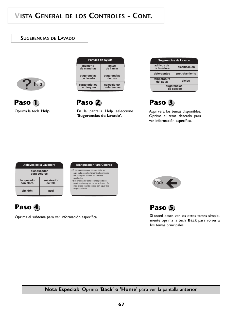 Paso 1 paso 2 paso 4, Paso 3, Paso 5 | Ista, Eneral de los, Ontroles | Maytag MAH7500AWQ User Manual | Page 68 / 80