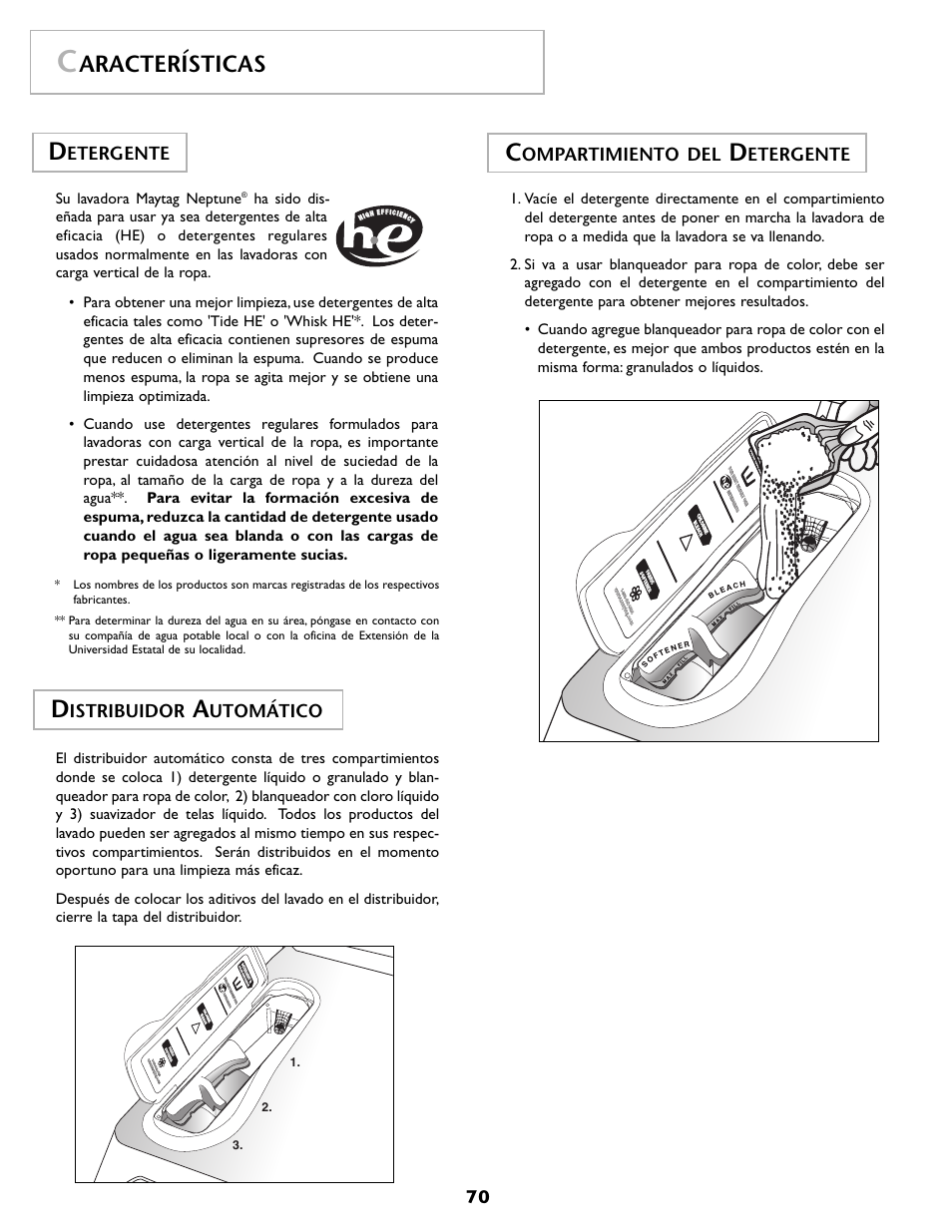 Aracterísticas, Etergente, Istribuidor | Utomático, Ompartimiento del | Maytag MAH7500AWQ User Manual | Page 71 / 80