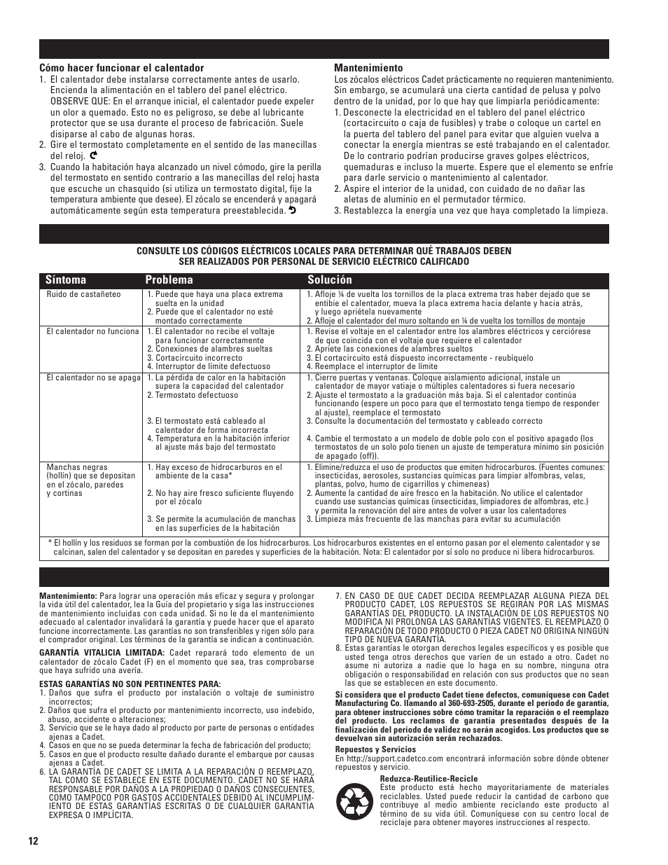 Tabla de resolución de problemas garantía, Funcionamiento y mantenimiento, Síntoma problema solución | Cadet 5F1250-8 User Manual | Page 12 / 12