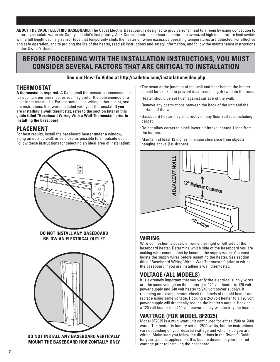 Installation instructions, Thermostat, Placement | Wiring, Voltage (all models) | Cadet 5F1250-8 User Manual | Page 2 / 12
