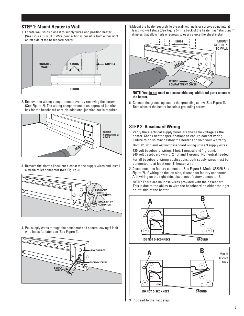 Installation instructions, Step 2: baseboard wiring, Step 1: mount heater to wall | Cadet 5F1250-8 User Manual | Page 3 / 12