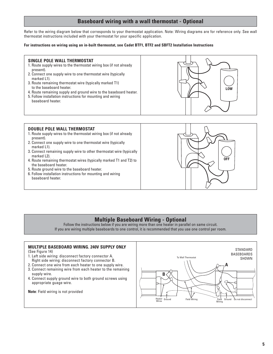 Multiple baseboard wiring - optional, Baseboard wiring with a wall thermostat - optional | Cadet 5F1250-8 User Manual | Page 5 / 12