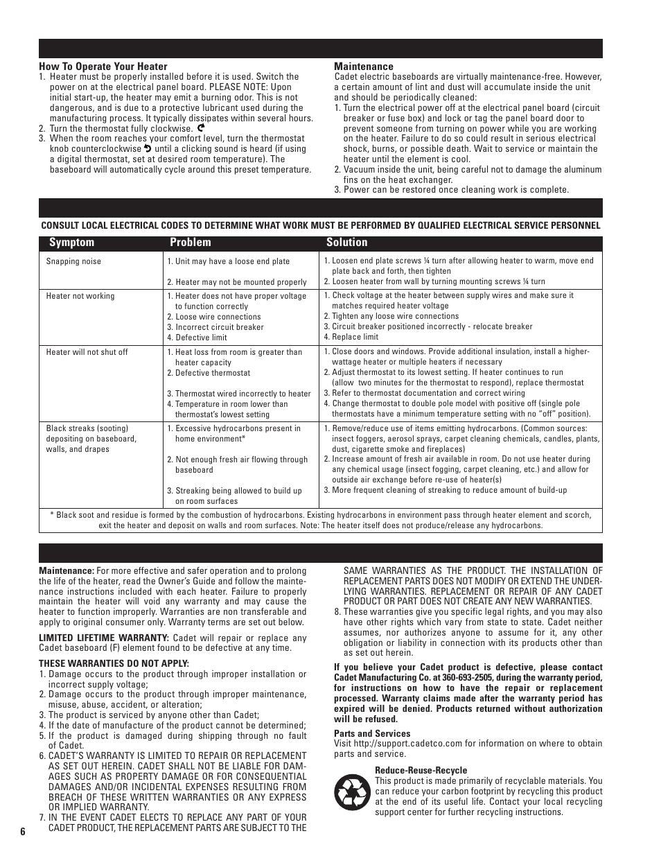 Troubleshooting chart warranty, Operation & maintenance, Symptom problem solution | Cadet 5F1250-8 User Manual | Page 6 / 12
