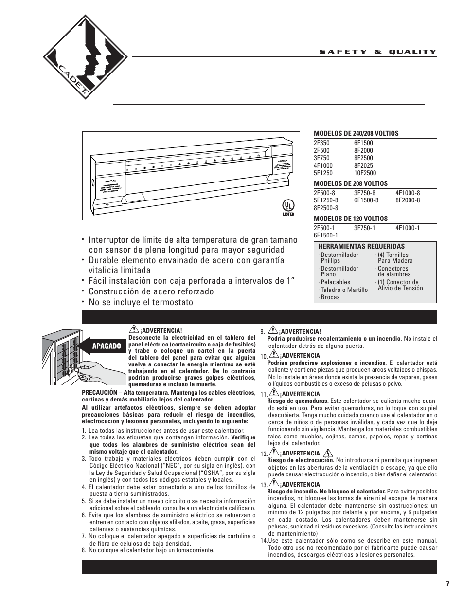 Calentador eléctrico de plinto radiante cadet, Guía para el propietario, Características y beneficios | Construcción de acero reforzado, No se incluye el termostato | Cadet 5F1250-8 User Manual | Page 7 / 12