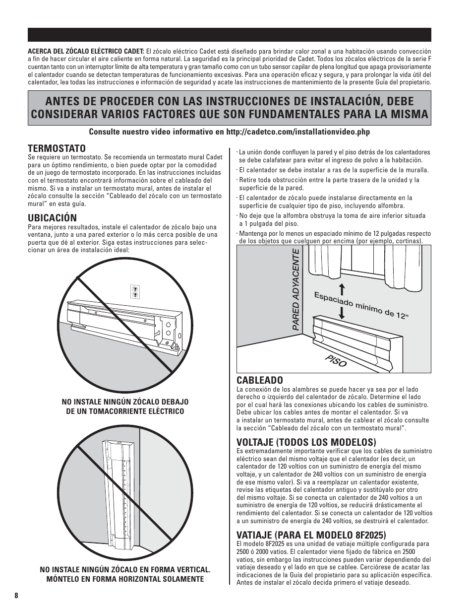 Instrucciones para la instalación, Termostato, Ubicación | Cableado, Voltaje (todos los modelos) | Cadet 5F1250-8 User Manual | Page 8 / 12