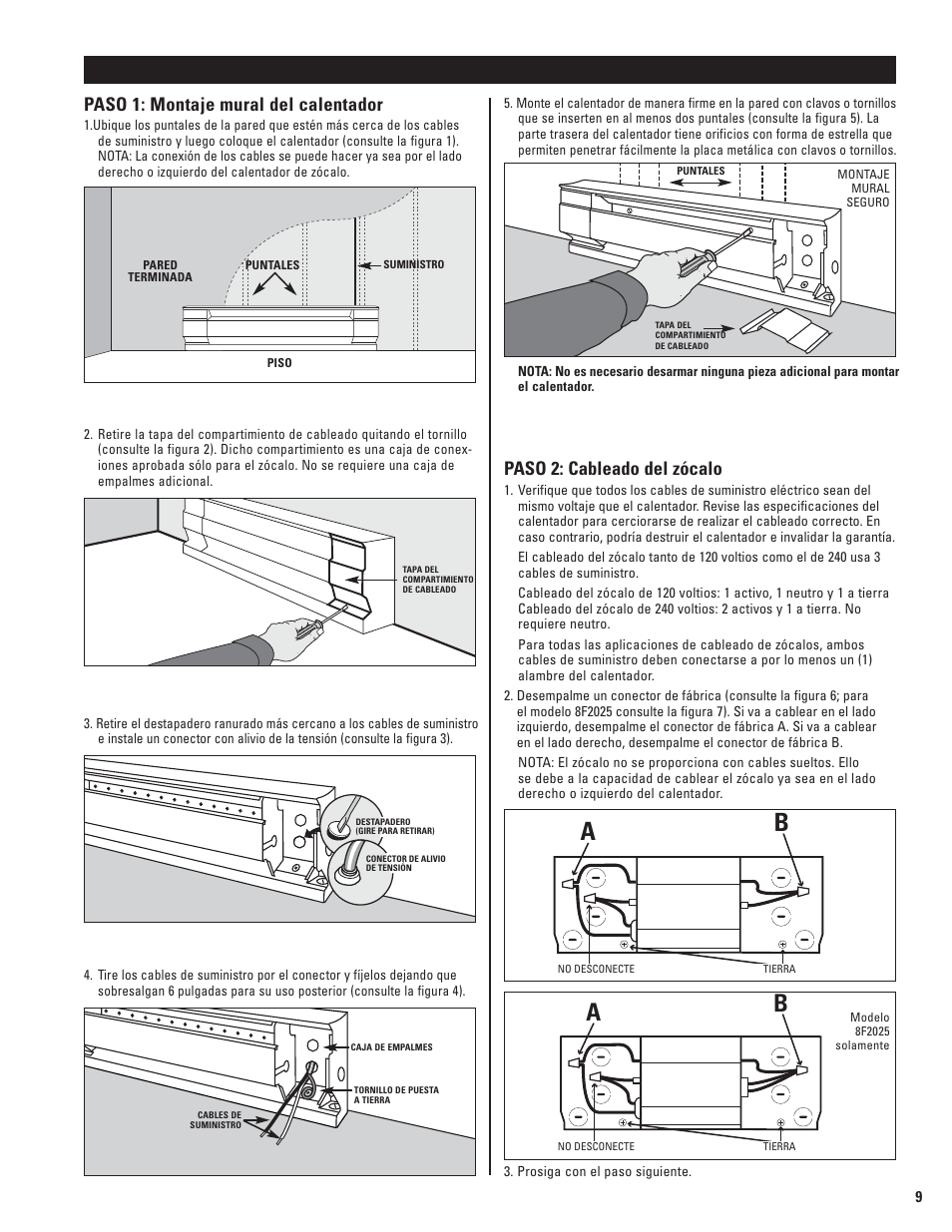 Instrucciones para la instalación, Paso 1: montaje mural del calentador, Paso 2: cableado del zócalo | Cadet 5F1250-8 User Manual | Page 9 / 12