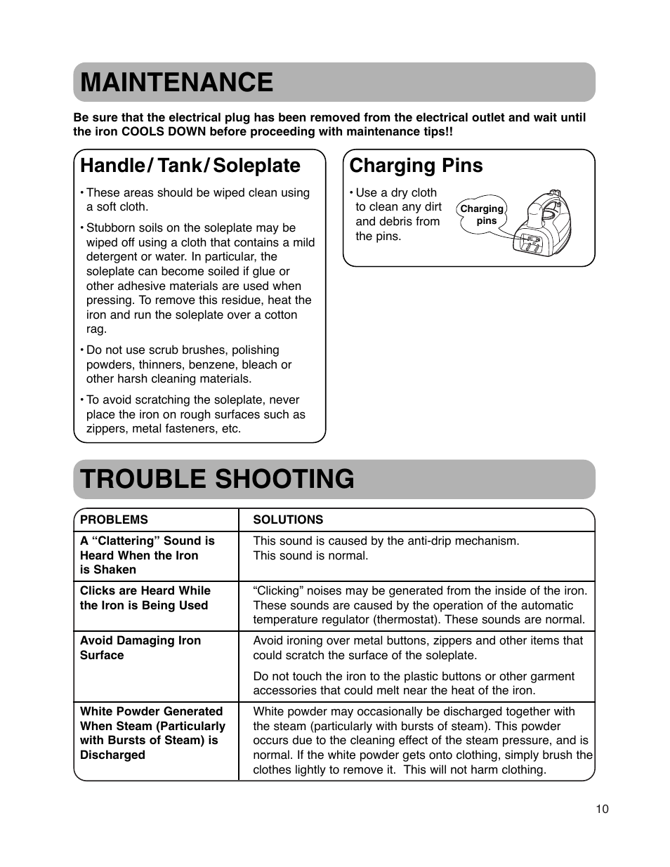 Trouble shooting, Maintenance, Handle / tank / soleplate | Charging pins | Maytag MLI7000AAW User Manual | Page 11 / 36