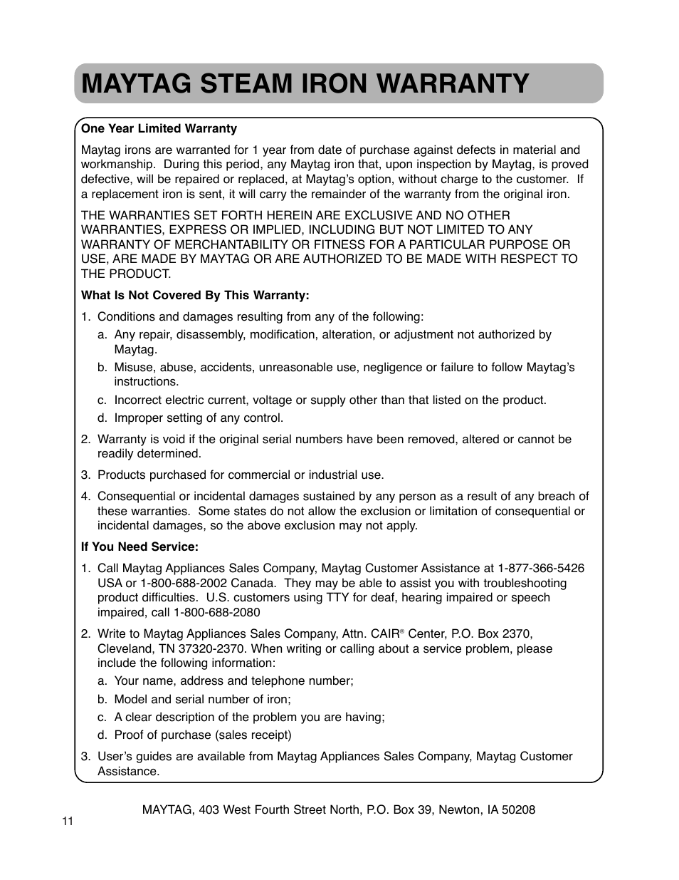 Maytag steam iron warranty | Maytag MLI7000AAW User Manual | Page 12 / 36