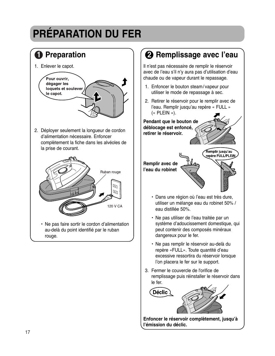 Préparation du fer, 1preparation, 2remplissage avec l’eau | Maytag MLI7000AAW User Manual | Page 18 / 36