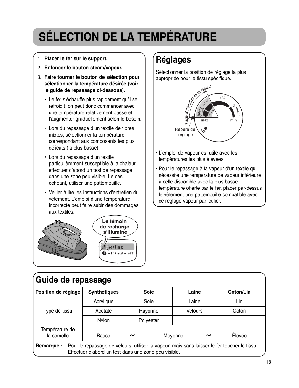 Sélection de la température, Réglages, Guide de repassage | Maytag MLI7000AAW User Manual | Page 19 / 36