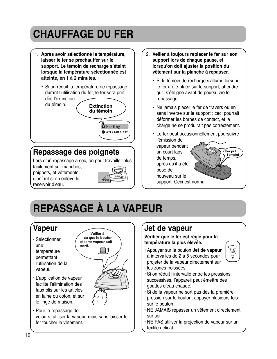 Chauffage du fer repassage à la vapeur, Repassage des poignets, Vapeur | Jet de vapeur | Maytag MLI7000AAW User Manual | Page 20 / 36