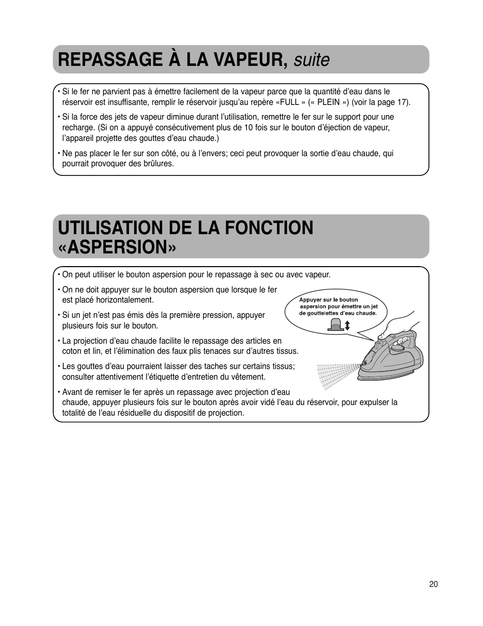 Repassage à la vapeur, suite, Utilisation de la fonction «aspersion | Maytag MLI7000AAW User Manual | Page 21 / 36