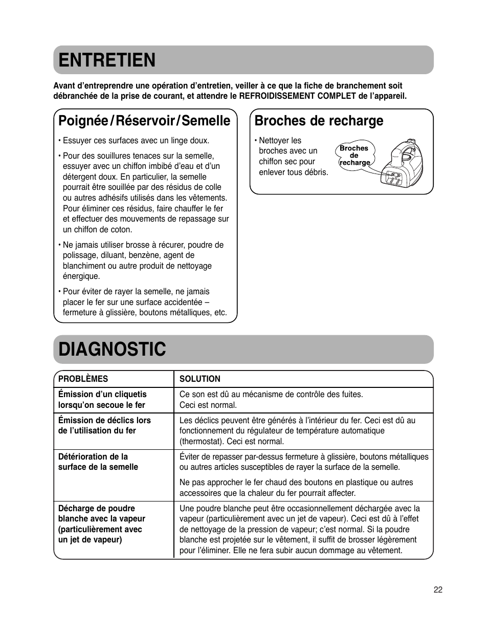 Diagnostic, Entretien, Poignée / réservoir / semelle | Broches de recharge | Maytag MLI7000AAW User Manual | Page 23 / 36