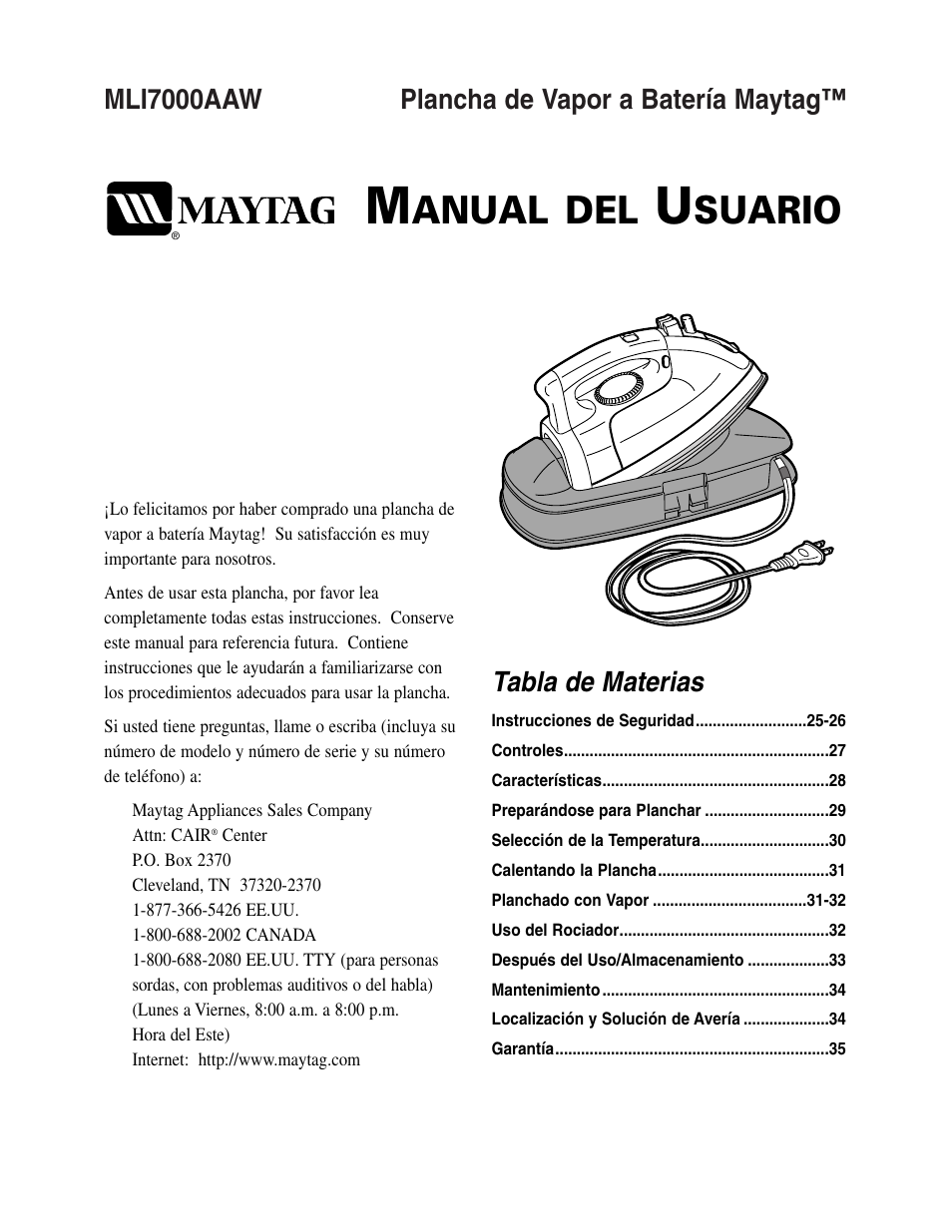 Anual del, Suario, Mli7000aaw plancha de vapor a batería maytag | Tabla de materias | Maytag MLI7000AAW User Manual | Page 25 / 36