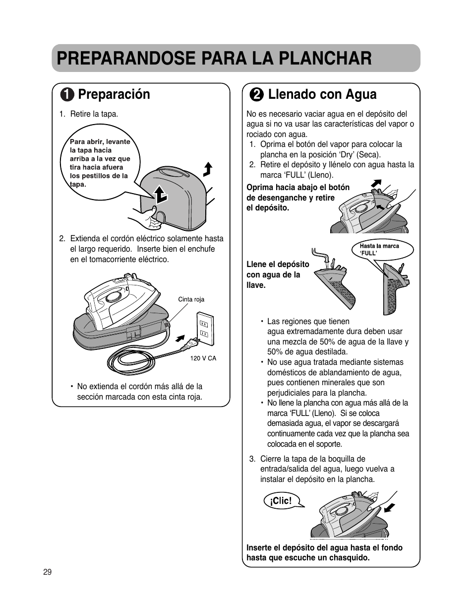 Preparandose para la planchar, 1preparación, 2llenado con agua | Maytag MLI7000AAW User Manual | Page 30 / 36