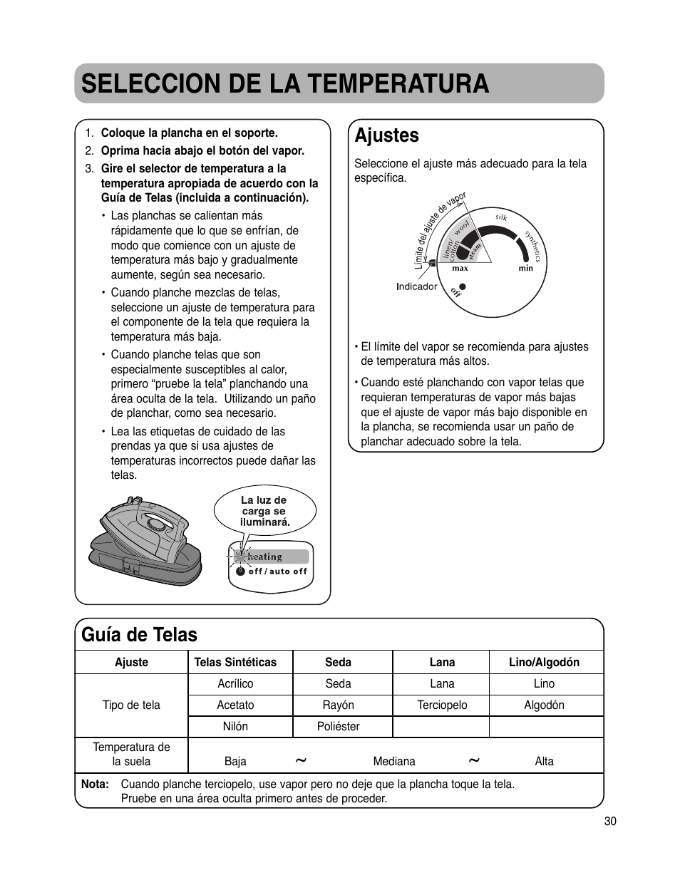 Seleccion de la temperatura, Ajustes, Guía de telas | Maytag MLI7000AAW User Manual | Page 31 / 36