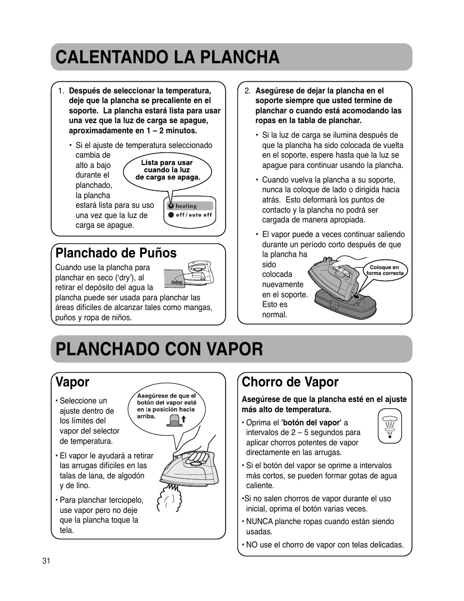 Calentando la plancha planchado con vapor, Planchado de puños, Vapor | Chorro de vapor | Maytag MLI7000AAW User Manual | Page 32 / 36