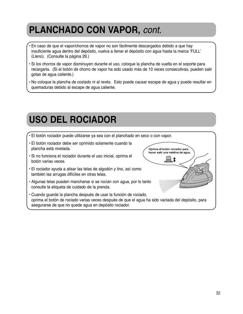 Planchado con vapor, cont, Uso del rociador | Maytag MLI7000AAW User Manual | Page 33 / 36