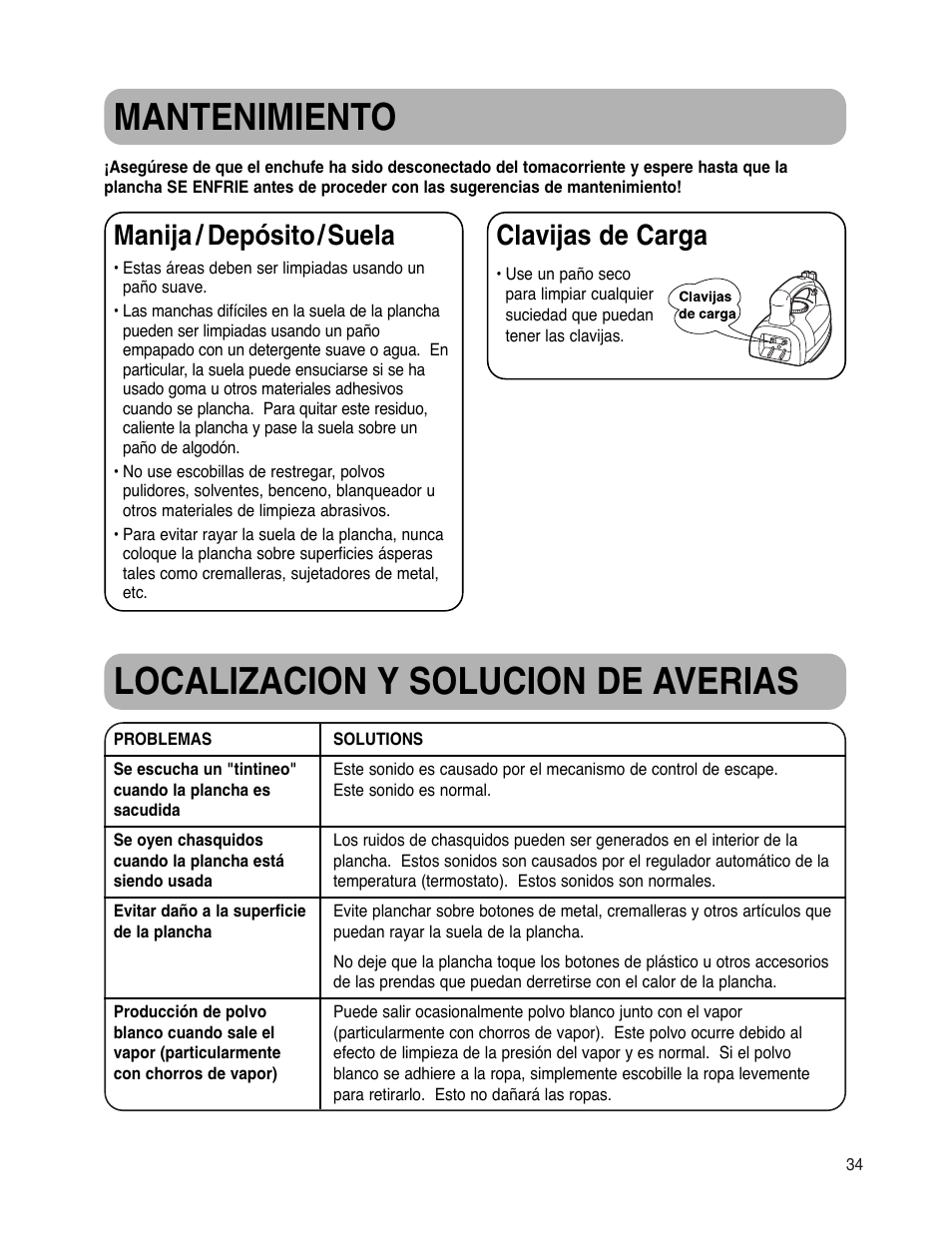 Localizacion y solucion de averias, Mantenimiento, Manija / depósito / suela | Clavijas de carga | Maytag MLI7000AAW User Manual | Page 35 / 36