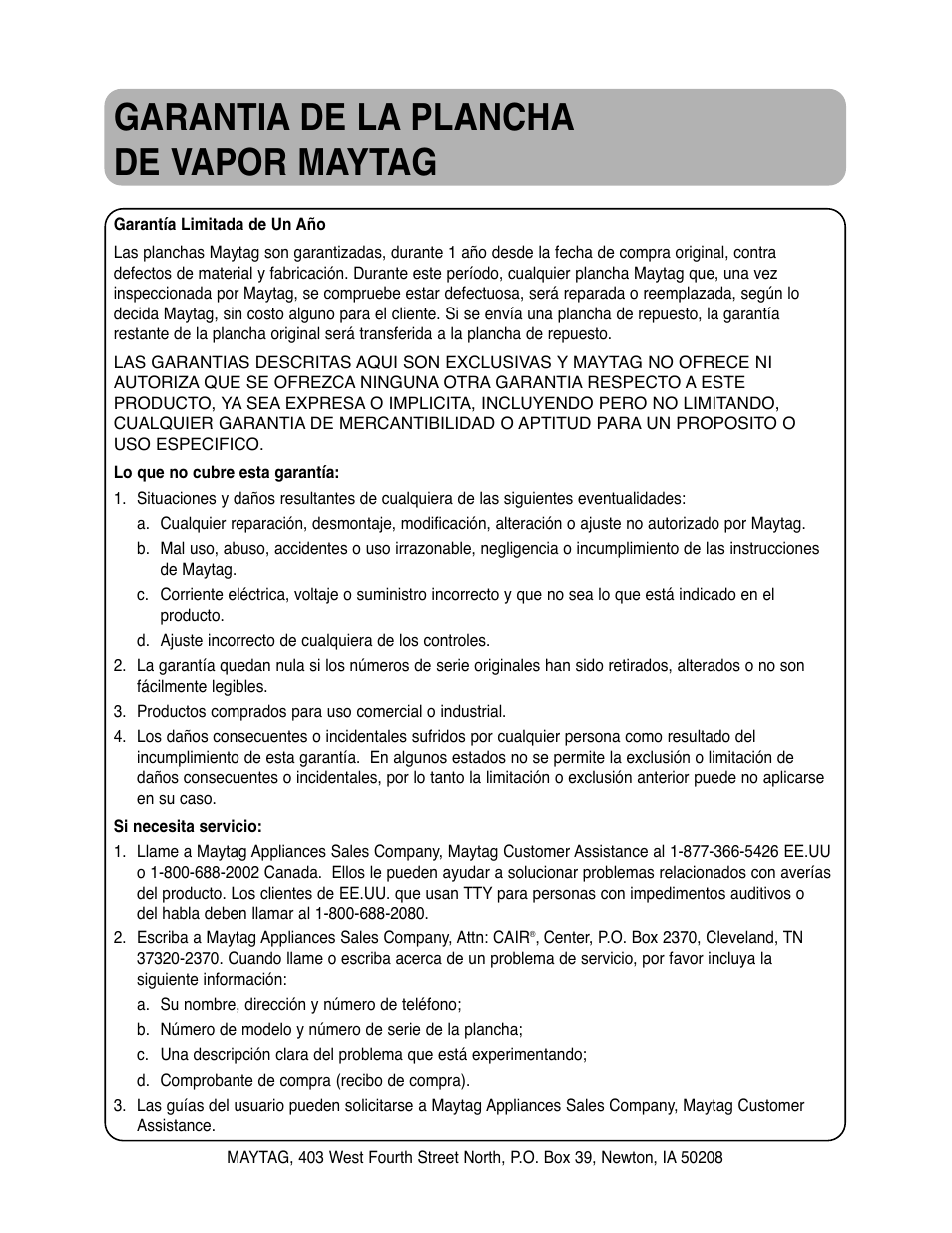 Garantia de la plancha de vapor maytag | Maytag MLI7000AAW User Manual | Page 36 / 36