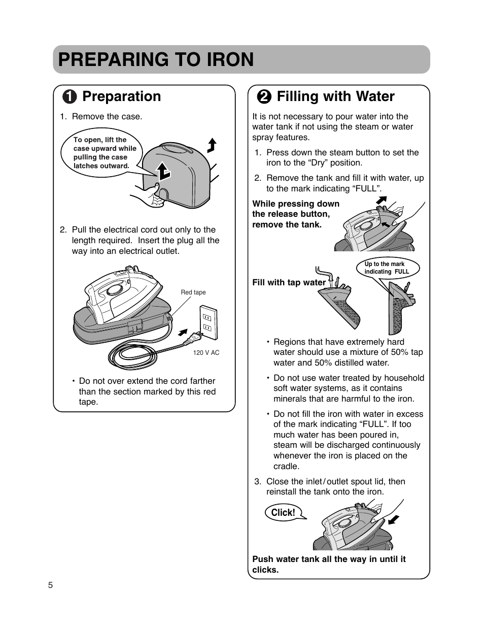 Preparing to iron, 1preparation, 2filling with water | Maytag MLI7000AAW User Manual | Page 6 / 36