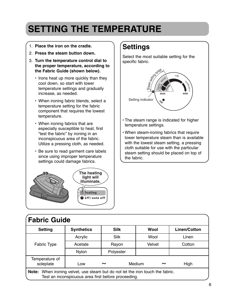 Setting the temperature, Settings, Fabric guide | Maytag MLI7000AAW User Manual | Page 7 / 36