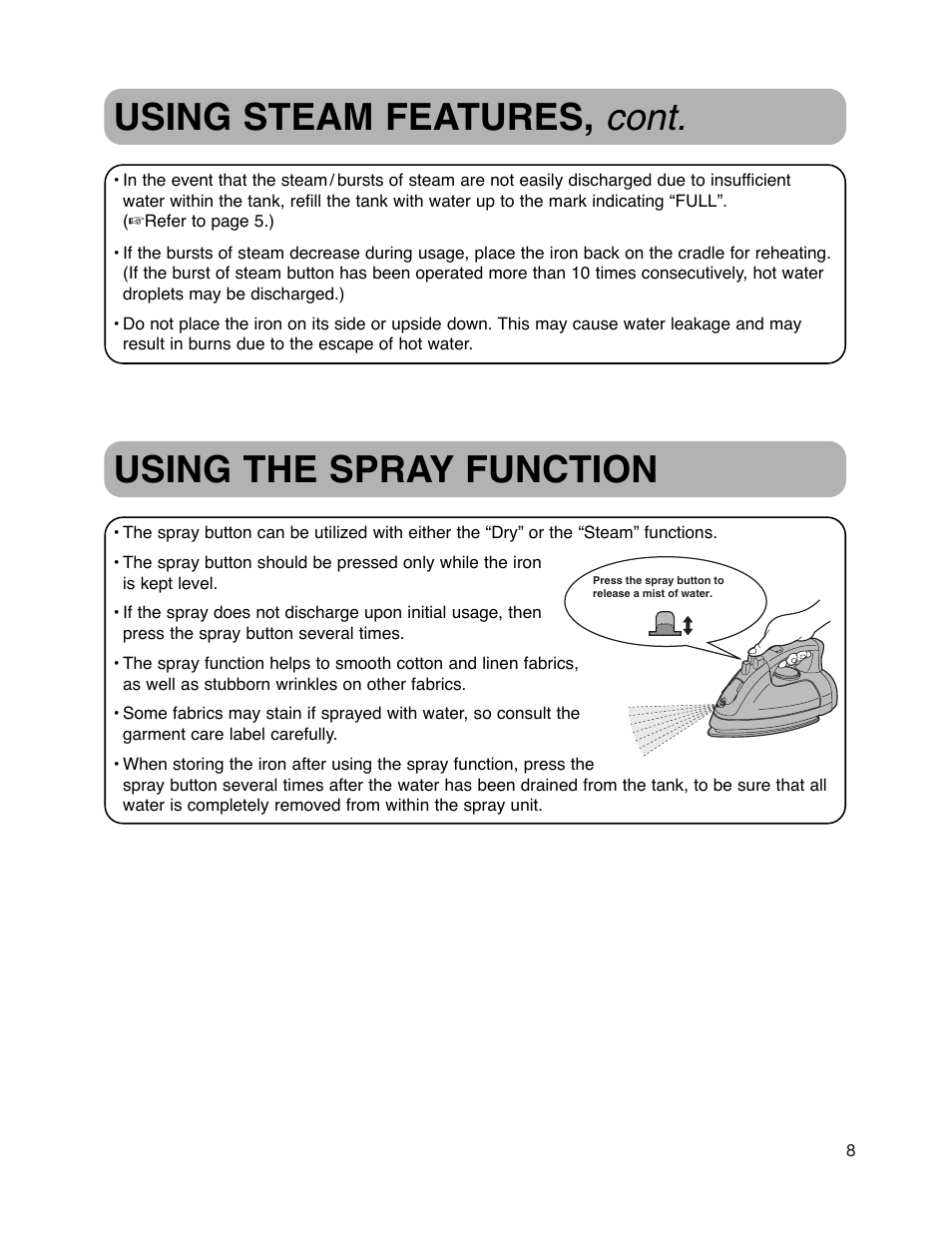 Using steam features, cont, Using the spray function | Maytag MLI7000AAW User Manual | Page 9 / 36