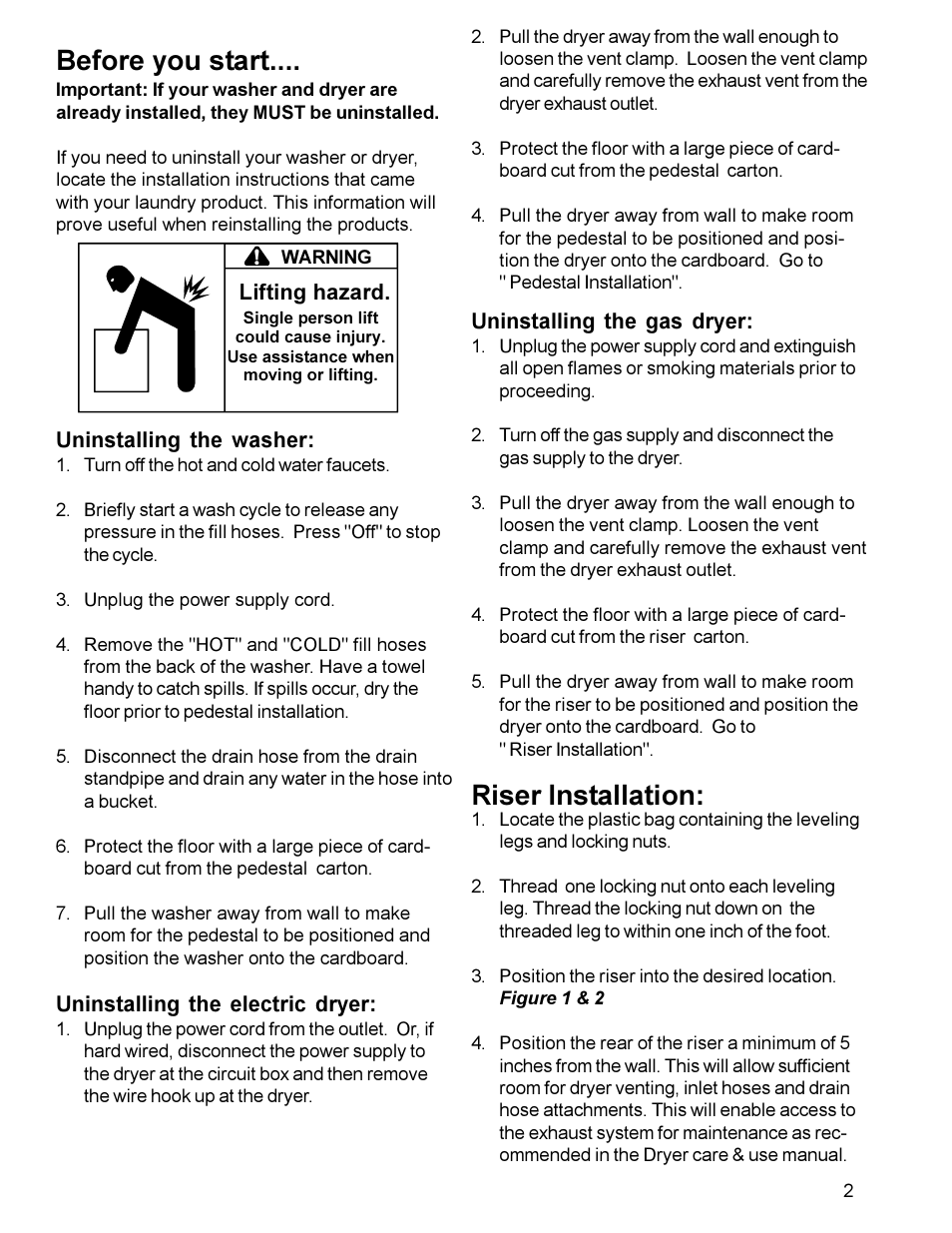 Before you start, Riser installation, Lifting hazard | Maytag MAL2000AXW User Manual | Page 2 / 4
