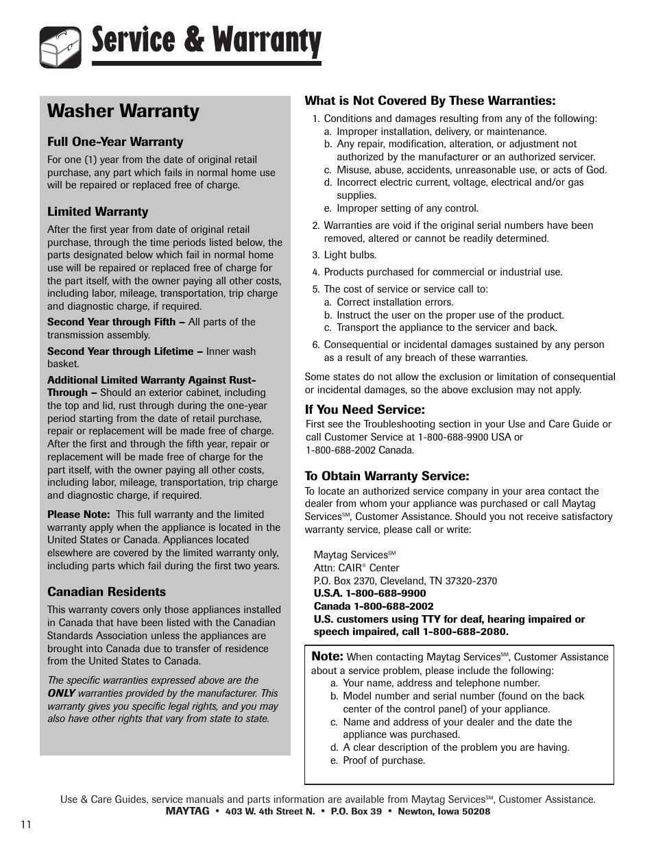 Service & warranty, Washer warranty | Maytag PAVT915AWW User Manual | Page 12 / 36