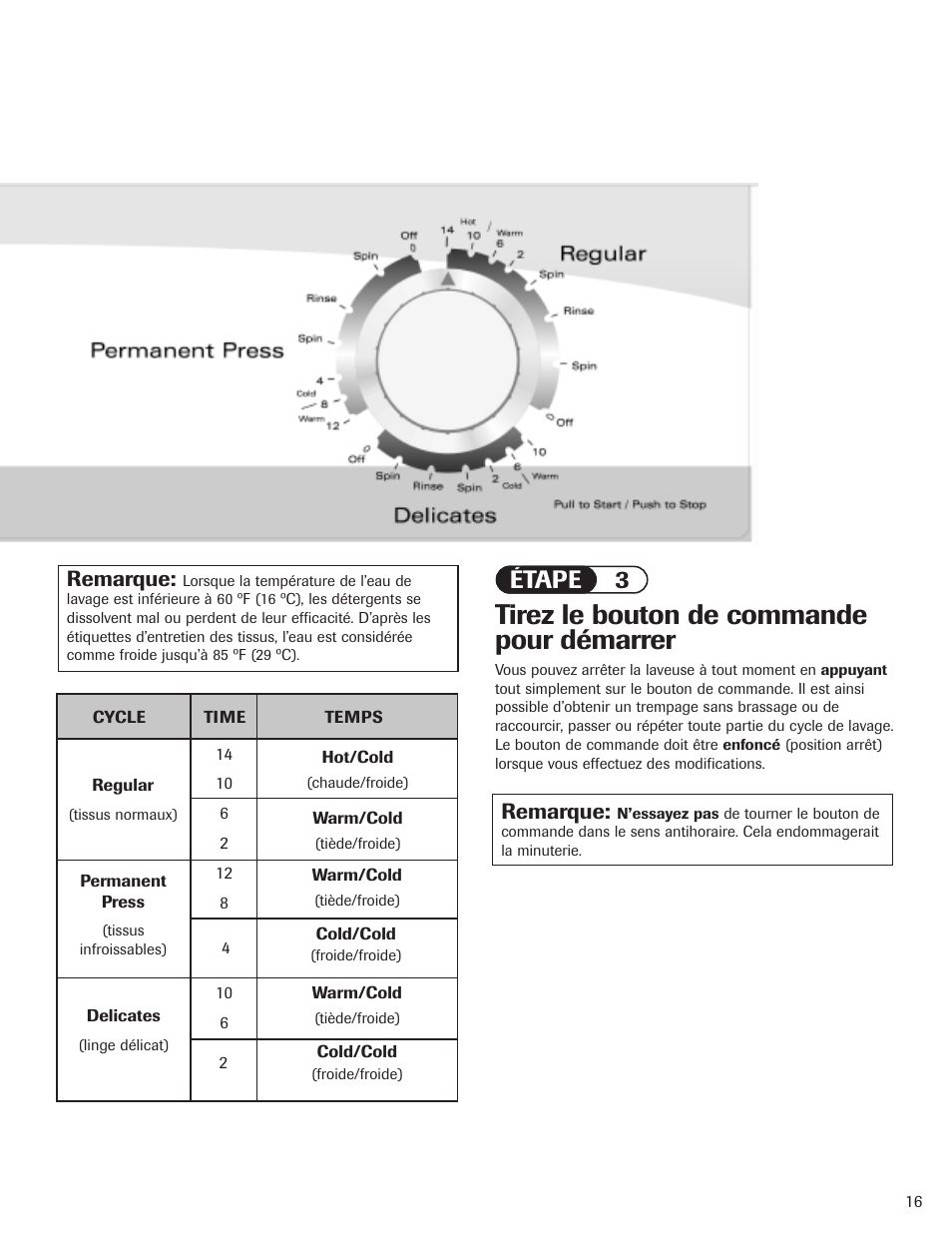 Tirez le bouton de commande pour démarrer, Étape 3, Remarque | Maytag PAVT915AWW User Manual | Page 17 / 36