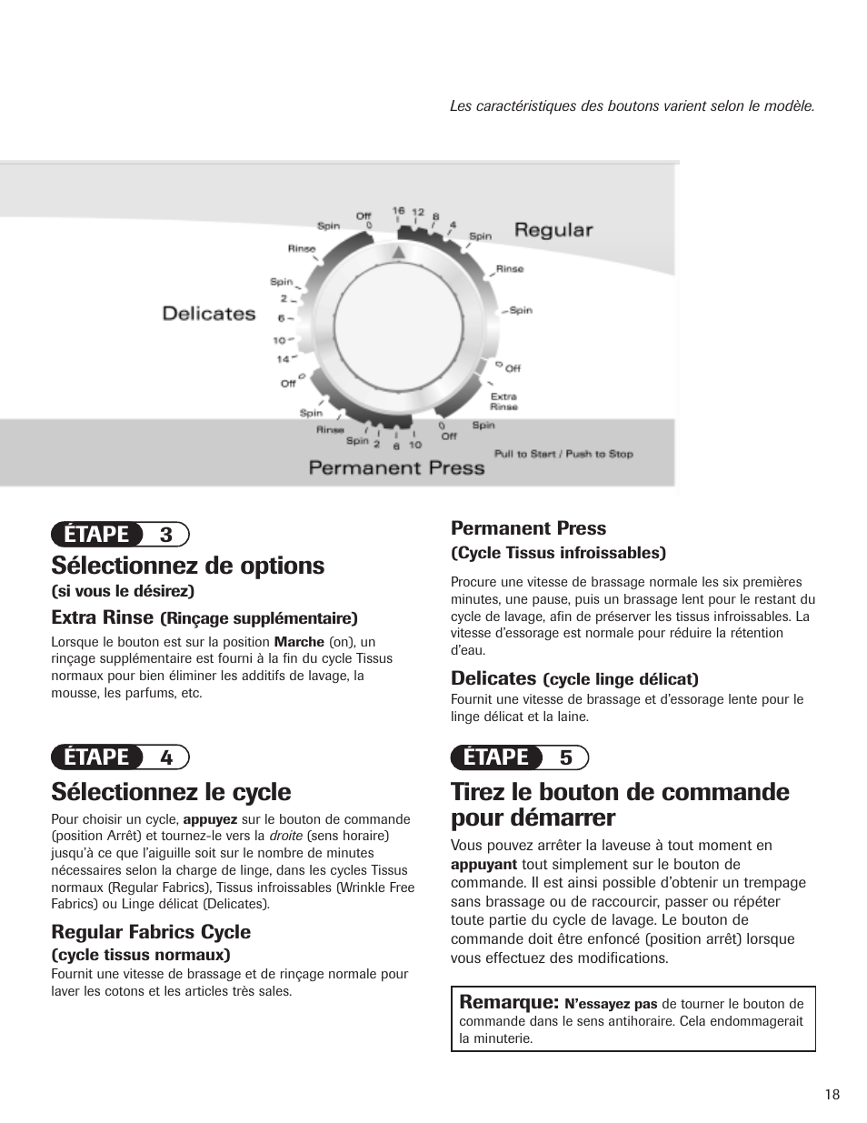 Tirez le bouton de commande pour démarrer, Sélectionnez le cycle, Sélectionnez de options | Étape 3 étape 4 étape 5 | Maytag PAVT915AWW User Manual | Page 19 / 36