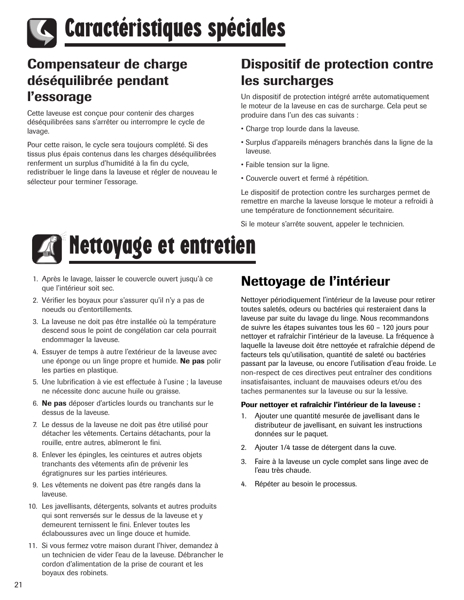 Caractéristiques spéciales, Nettoyage et entretien, Dispositif de protection contre les surcharges | Nettoyage de l’intérieur | Maytag PAVT915AWW User Manual | Page 22 / 36