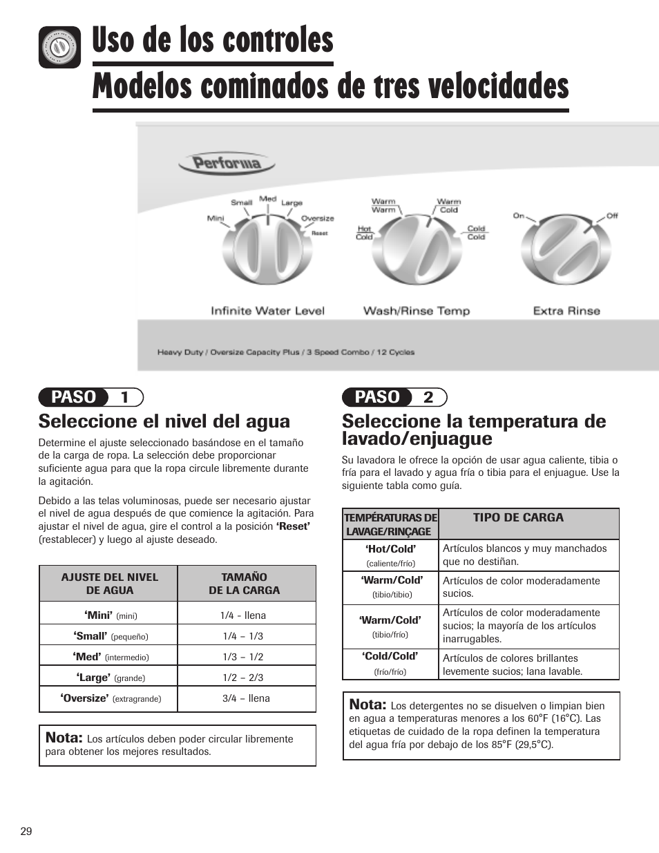 Seleccione el nivel del agua, Seleccione la temperatura de lavado/enjuague, Paso 1 paso 2 | Nota | Maytag PAVT915AWW User Manual | Page 30 / 36