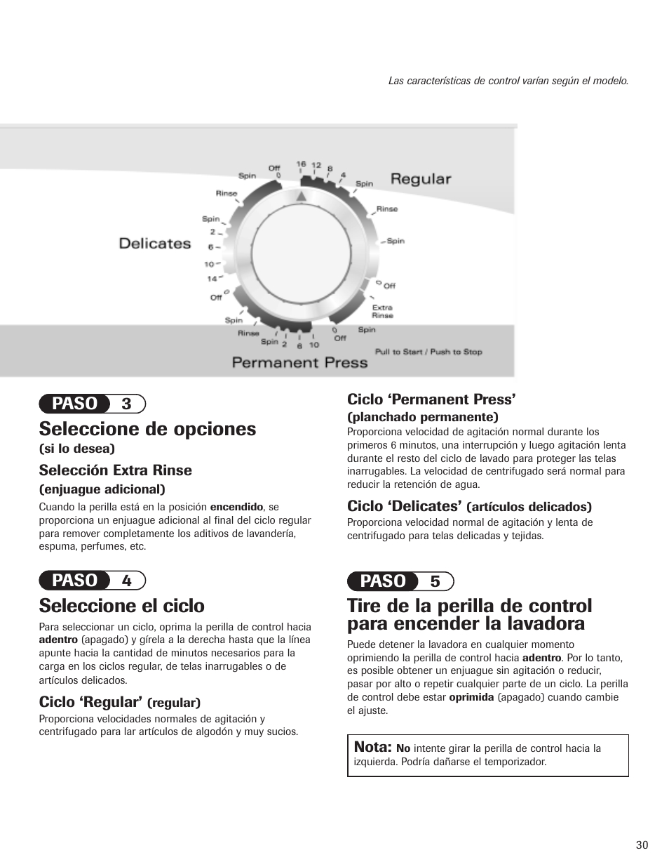 Seleccione de opciones, Seleccione el ciclo, Paso 3 paso 5 paso 4 | Maytag PAVT915AWW User Manual | Page 31 / 36