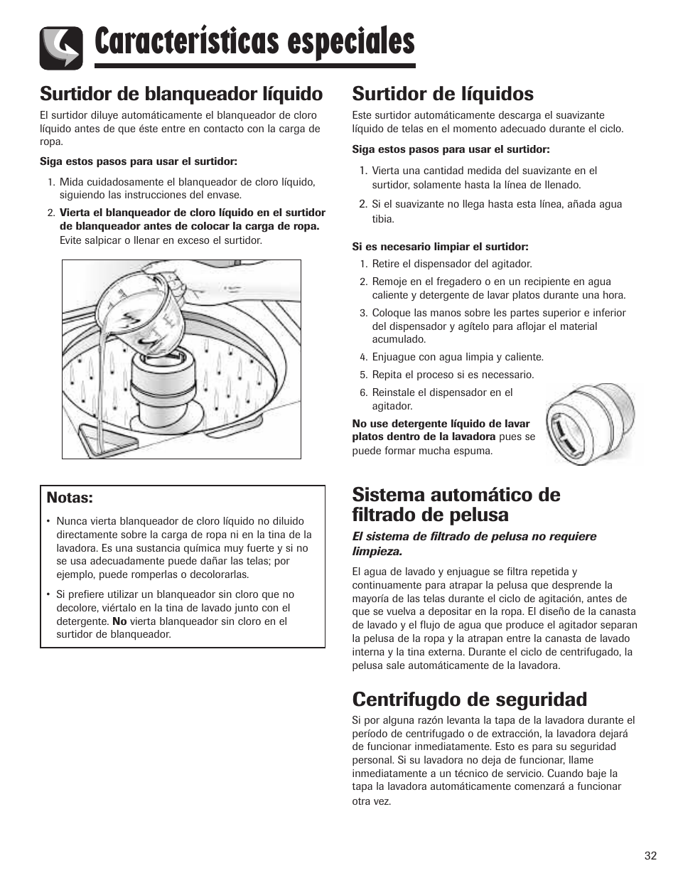 Características especiales, Surtidor de blanqueador líquido, Surtidor de líquidos | Sistema automático de filtrado de pelusa, Centrifugdo de seguridad, Notas | Maytag PAVT915AWW User Manual | Page 33 / 36