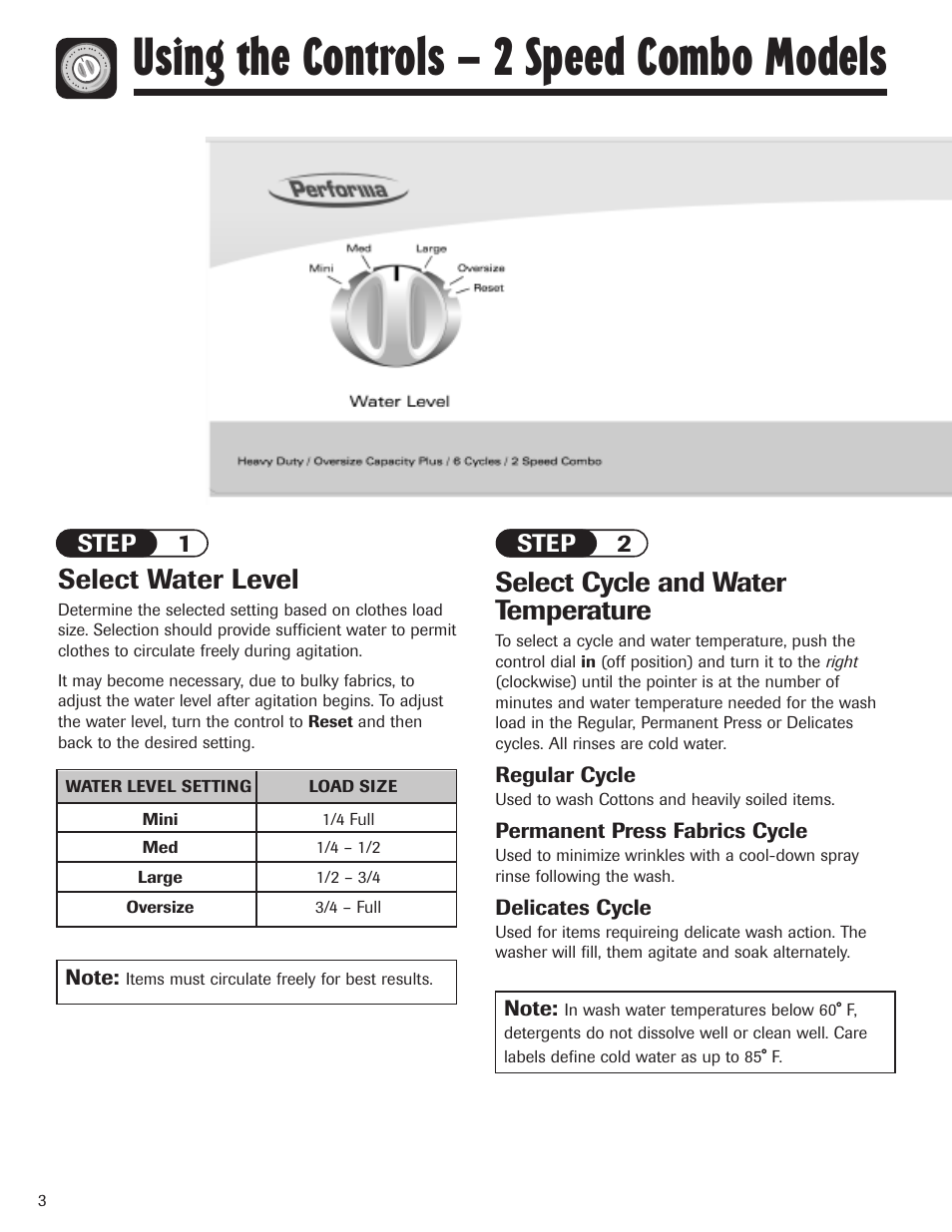 Using the controls – 2 speed combo models, Select water level, Select cycle and water temperature | Step 1 step 2, Regular cycle, Permanent press fabrics cycle, Delicates cycle | Maytag PAVT915AWW User Manual | Page 4 / 36