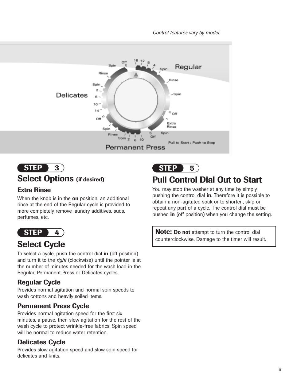 Select cycle, Pull control dial out to start, Select options | Maytag PAVT915AWW User Manual | Page 7 / 36