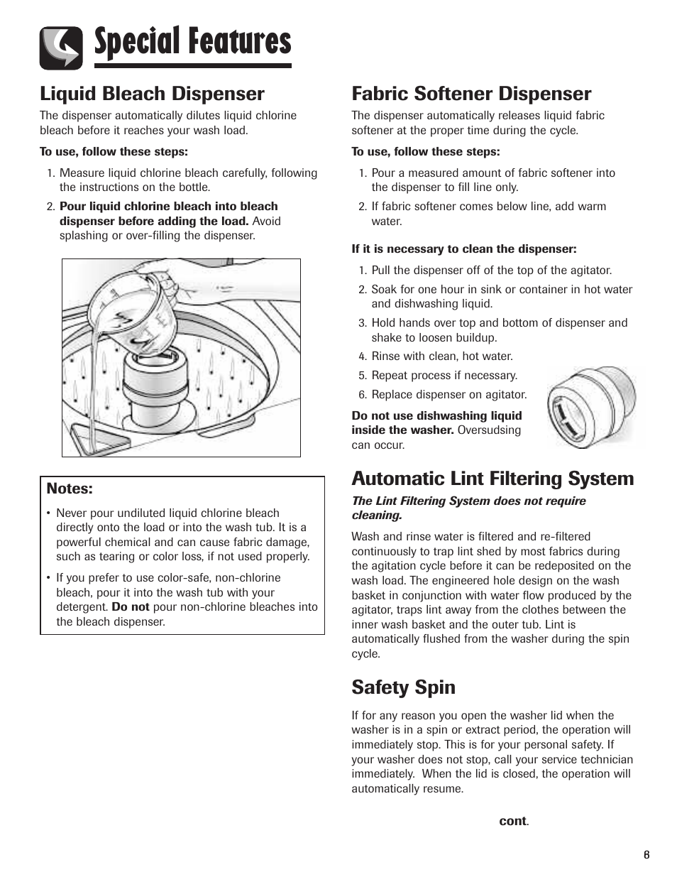 Special features, Liquid bleach dispenser, Fabric softener dispenser | Automatic lint filtering system, Safety spin | Maytag PAVT915AWW User Manual | Page 9 / 36