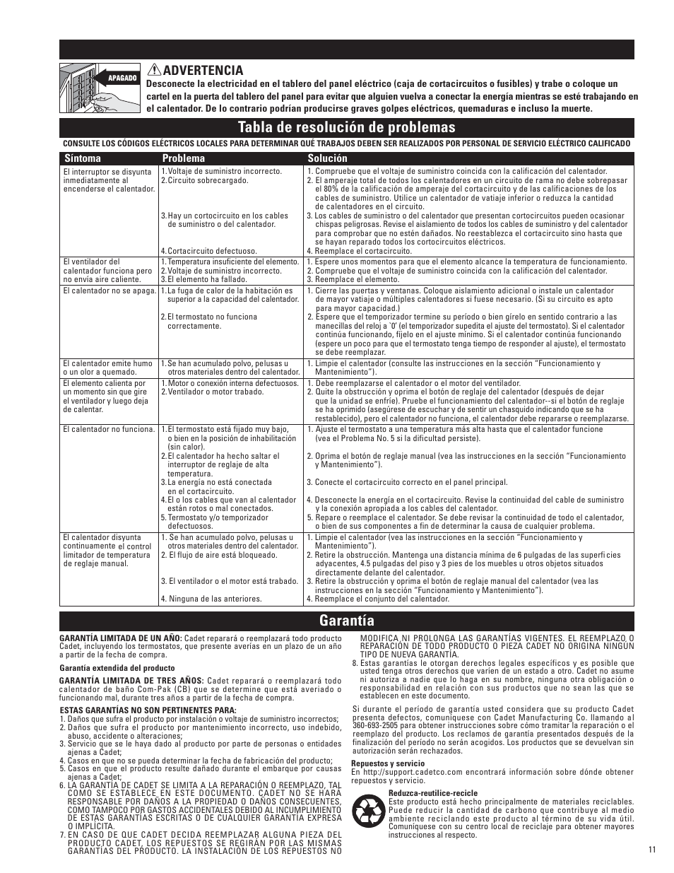 Garantía, Instrucciones importantes, Tabla de resolución de problemas | Advertencia | Cadet CB103T User Manual | Page 10 / 11