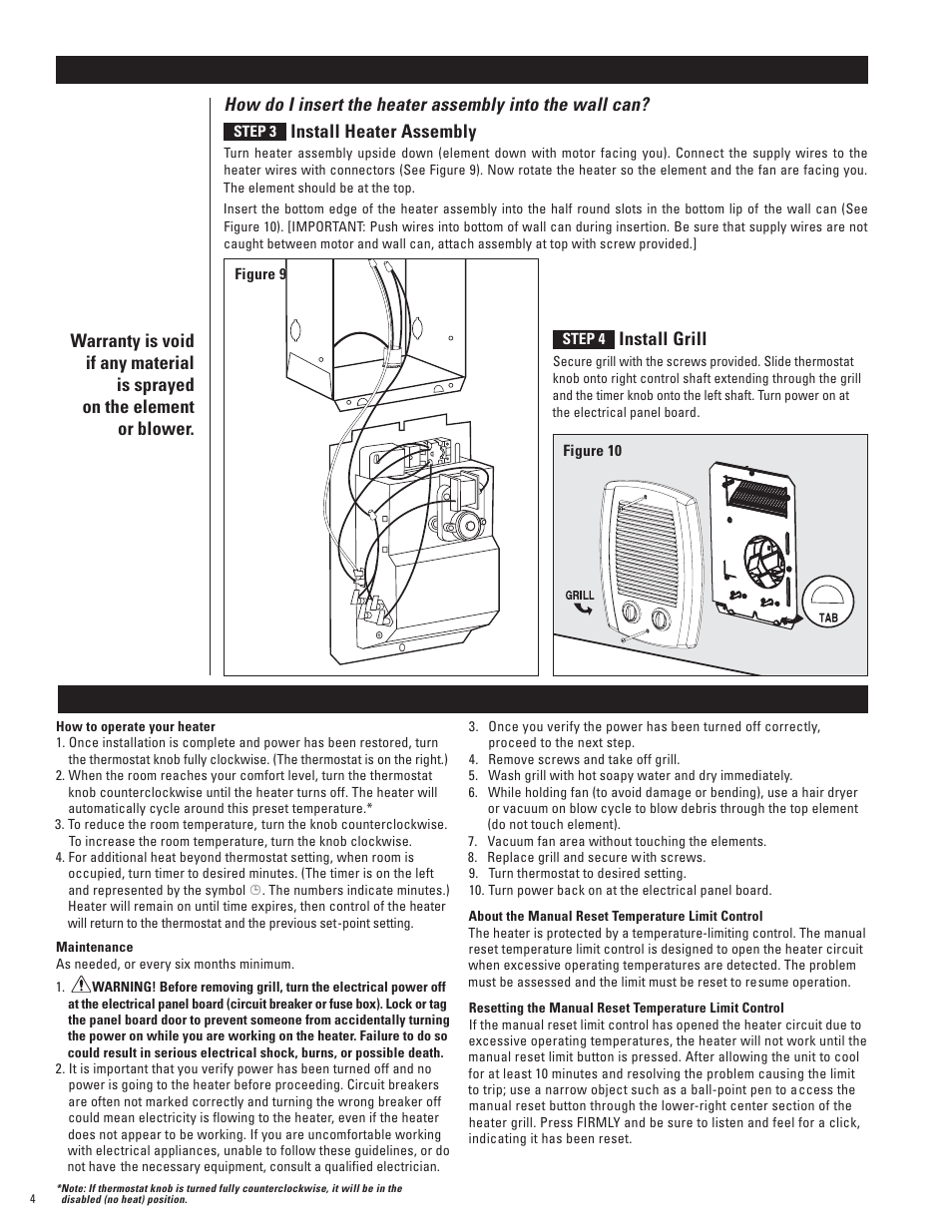 Operation & maintenance, Installation instructions | Cadet CB103T User Manual | Page 4 / 11
