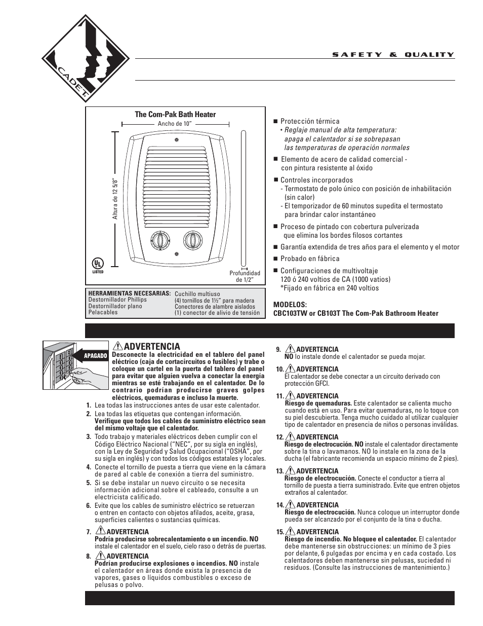The com-pak bath heater, Características y beneficios, Advertencia | Cadet CB103T User Manual | Page 6 / 11