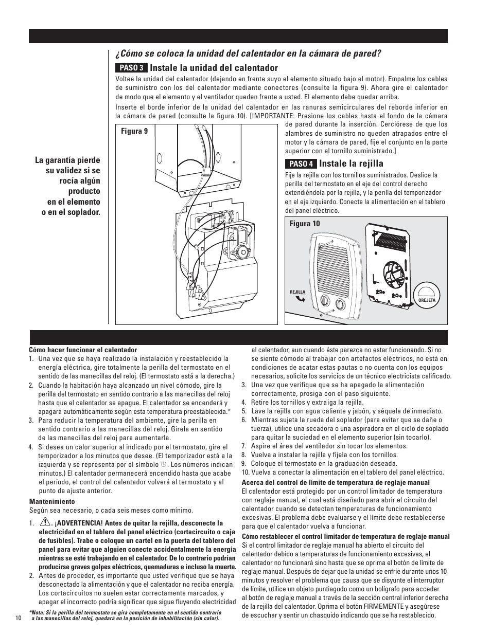 Funcionamiento y mantenimiento, Instrucciones para la instalación, Instale la unidad del calentador | Instale la rejilla | Cadet CB103T User Manual | Page 9 / 11