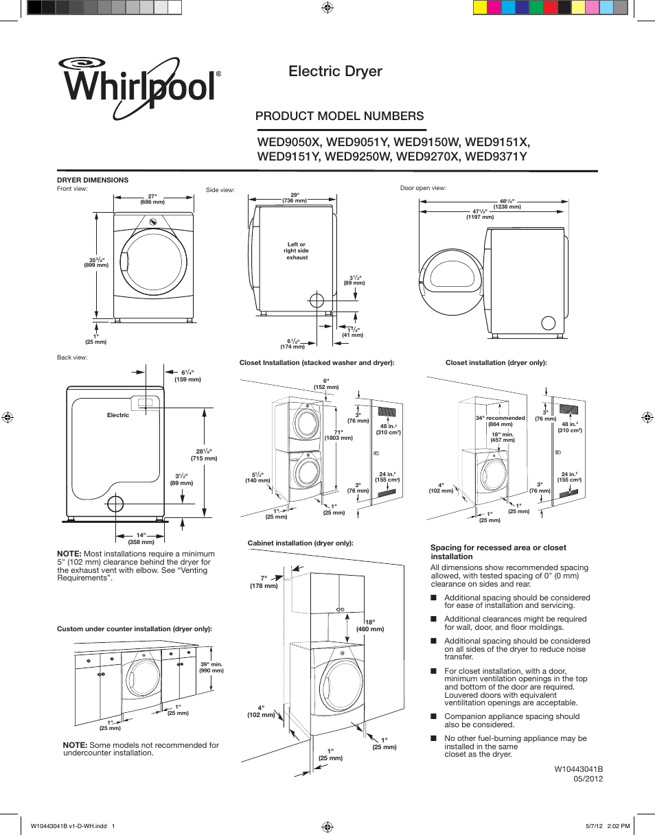 Maytag WED9051YW Dimension Guide User Manual | 2 pages