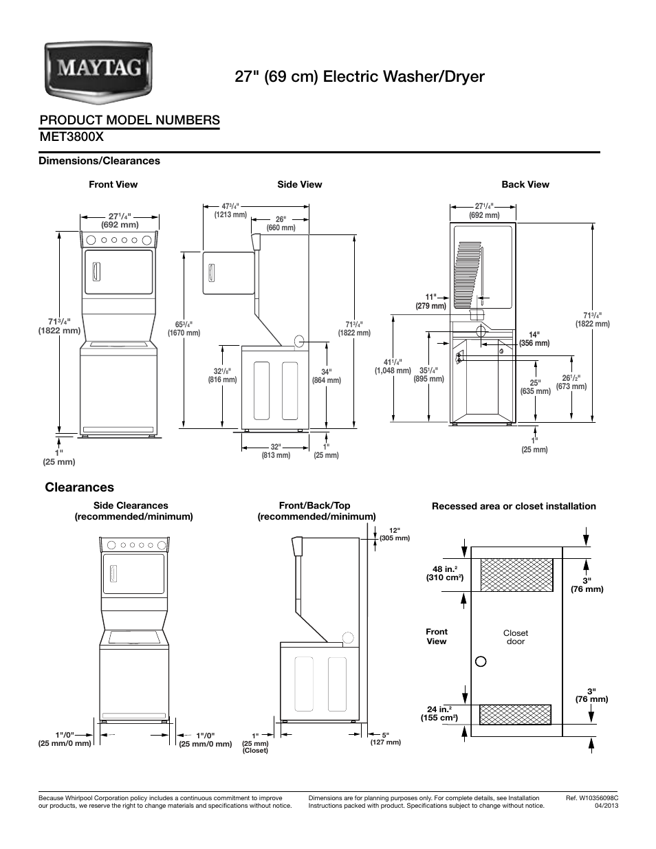 Maytag MET3800XW Dimension Guide User Manual | 2 pages