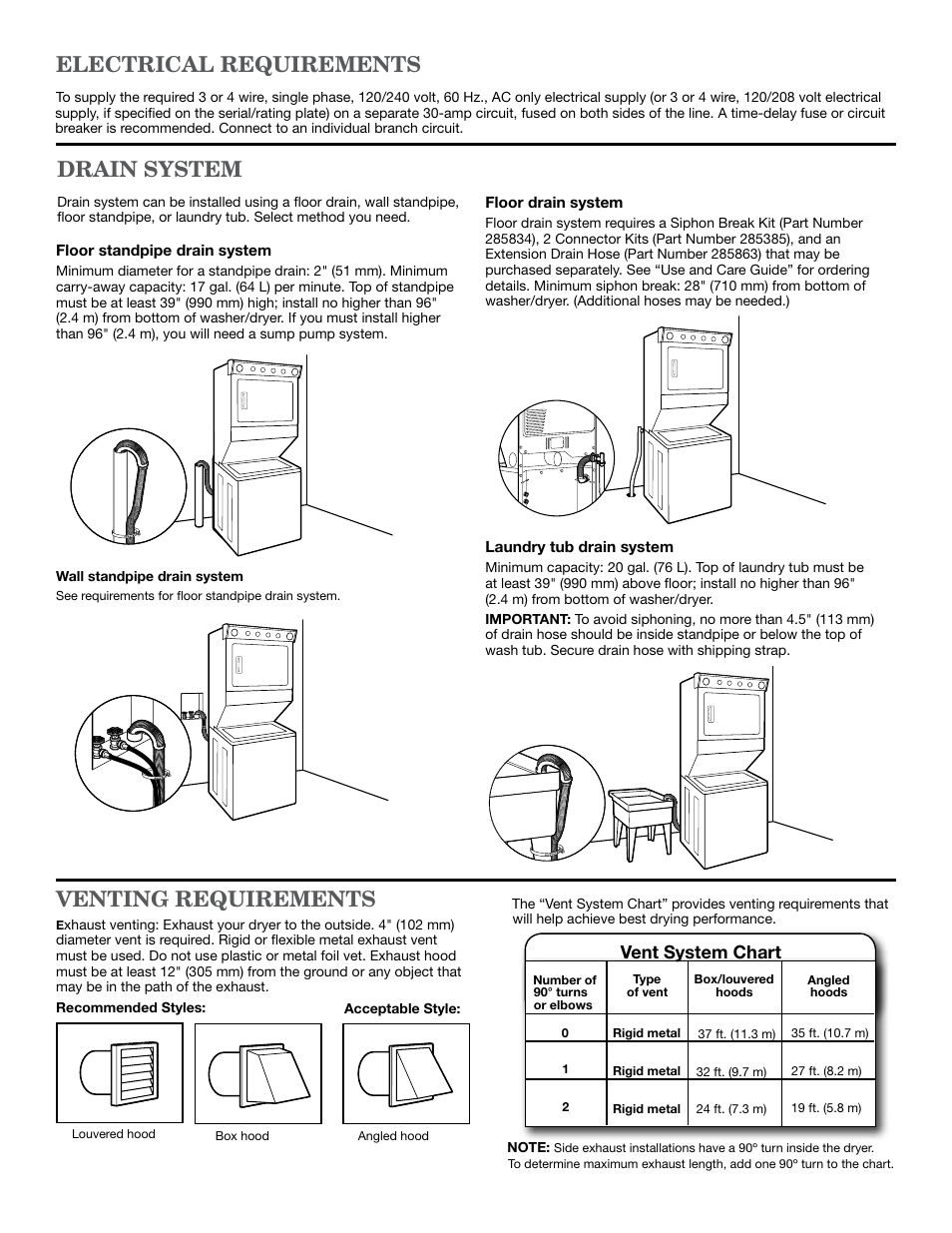 Drain system, Electrical requirements venting requirements, Vent system chart | Maytag MET3800XW Dimension Guide User Manual | Page 2 / 2