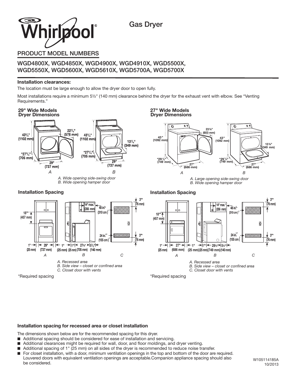 Maytag WGD4800XQ Dimension Guide User Manual | 2 pages